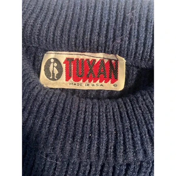 Vintage TUXAN Sweater Blue Green Grey Striped Crewneck Knit Made in USA Size L - Picture 2 of 2